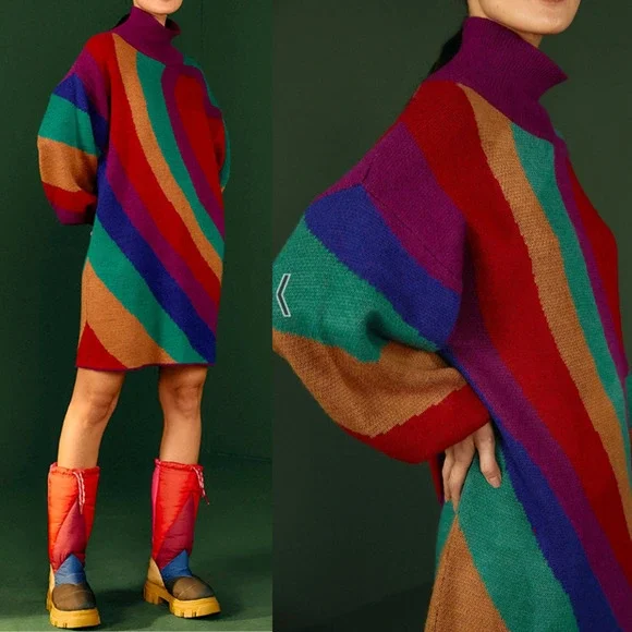 NWT FARM RIO Rainbow Wild Hearts Sweater Dress Bubble Sleeve Mock Neck Mini S - Picture 14 of 14